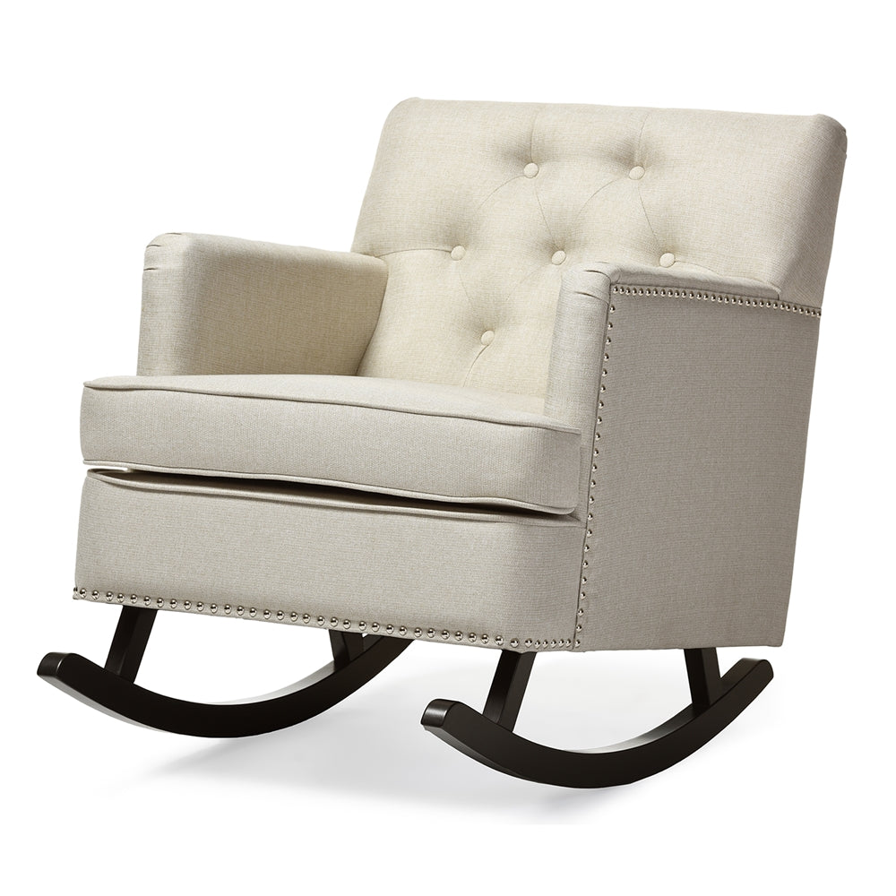 BAXTON STUDIO BETHANY MODERN AND CONTEMPORARY LIGHT BEIGE FABRIC UPHOLSTERED BUTTON-TUFTED ROCKING CHAIR