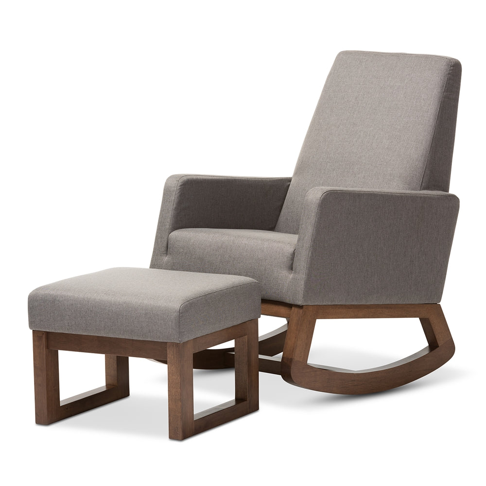 BAXTON STUDIO YASHIYA MID-CENTURY RETRO MODERN GREY FABRIC UPHOLSTERED ROCKING CHAIR AND OTTOMAN SET