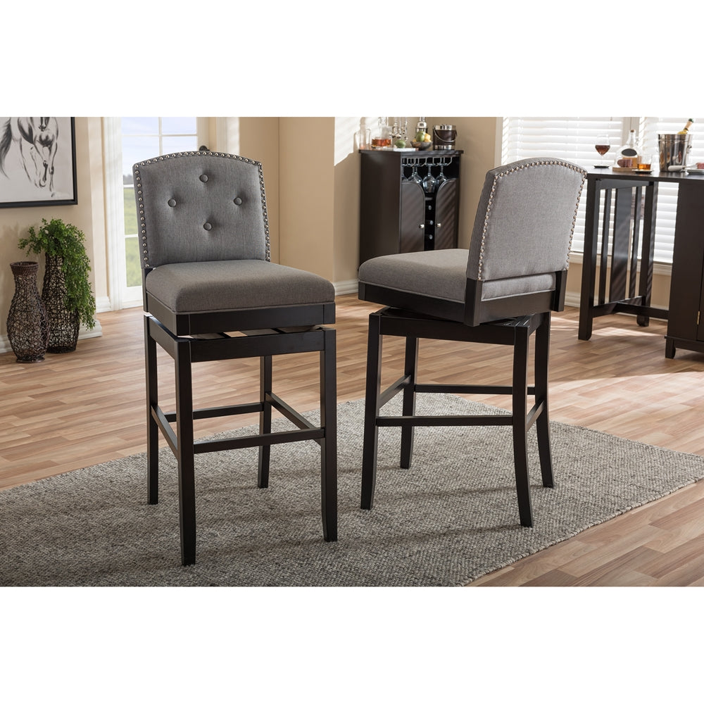 Baxton Studio Ginaro Modern And Contemporary Grey Fabric Button-Tufted Upholstered Swivel Bar Stool (Set Of 2)