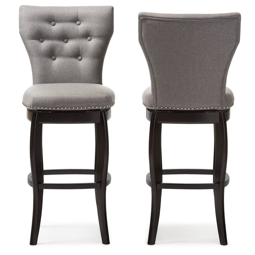 Baxton Studio Leonice Modern And Contemporary Grey Fabric Upholstered Button-Tufted 29-Inch 2-Piece Swivel Bar Stool Set