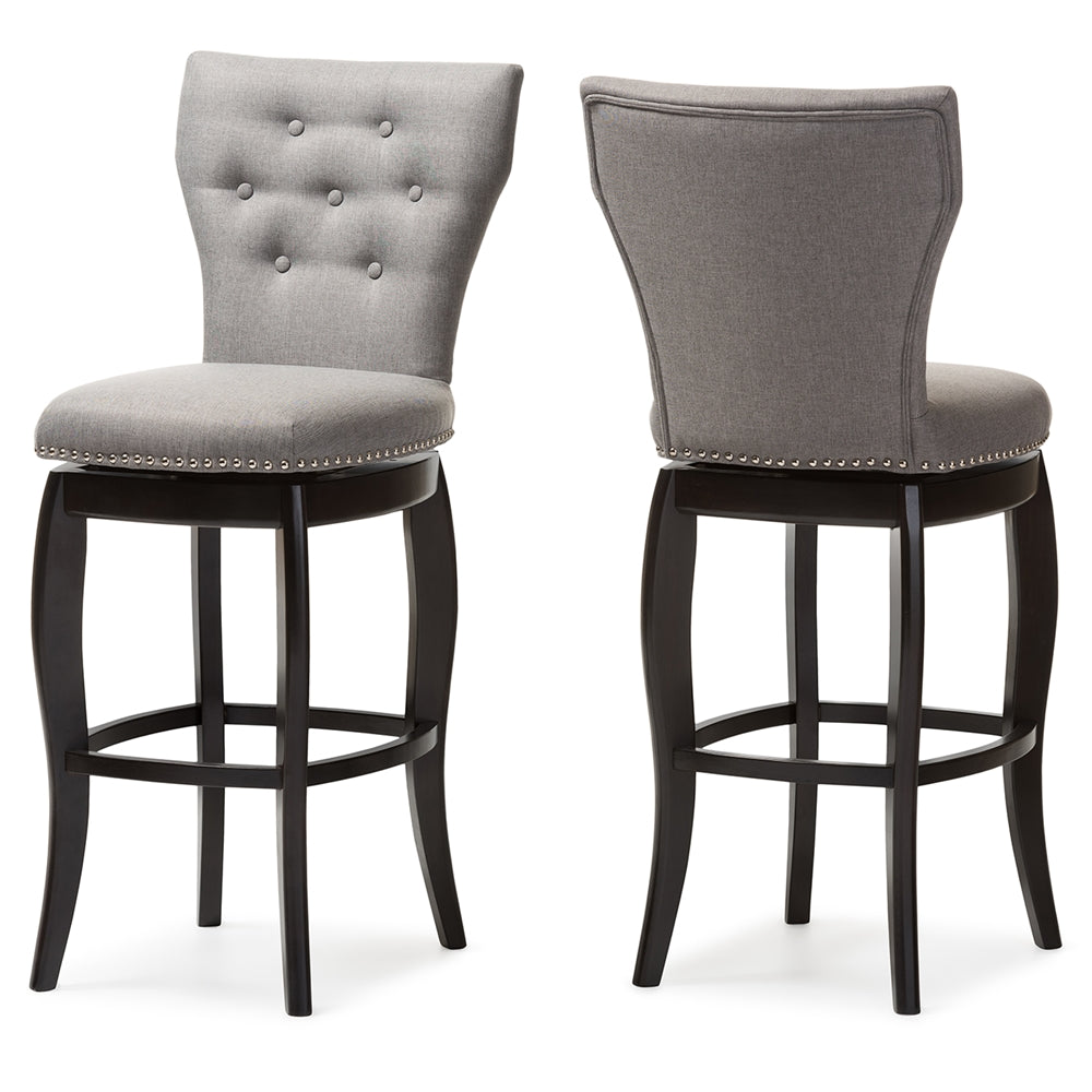 BAXTON STUDIO LEONICE MODERN AND CONTEMPORARY GREY FABRIC UPHOLSTERED BUTTON-TUFTED 29-INCH 2-PIECE SWIVEL BAR STOOL SET