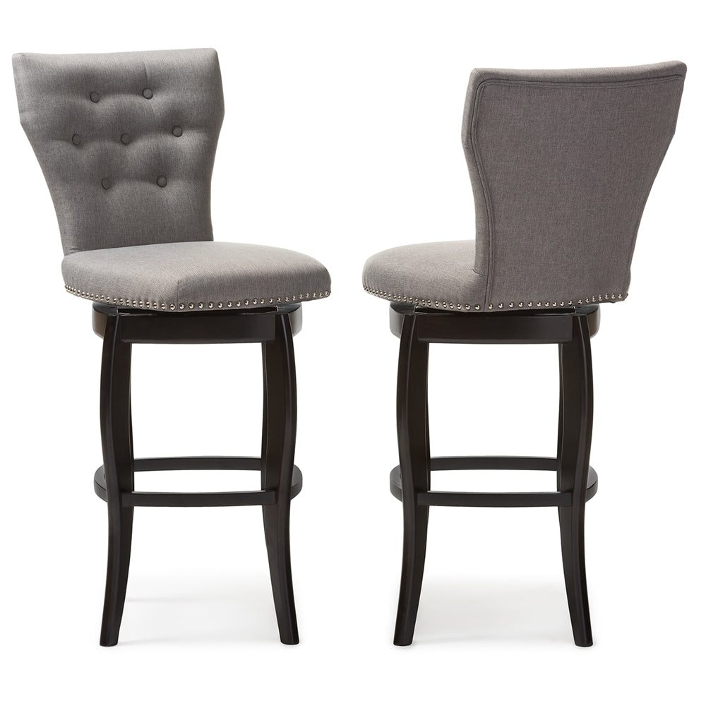 Baxton Studio Leonice Modern And Contemporary Grey Fabric Upholstered Button-Tufted 29-Inch 2-Piece Swivel Bar Stool Set