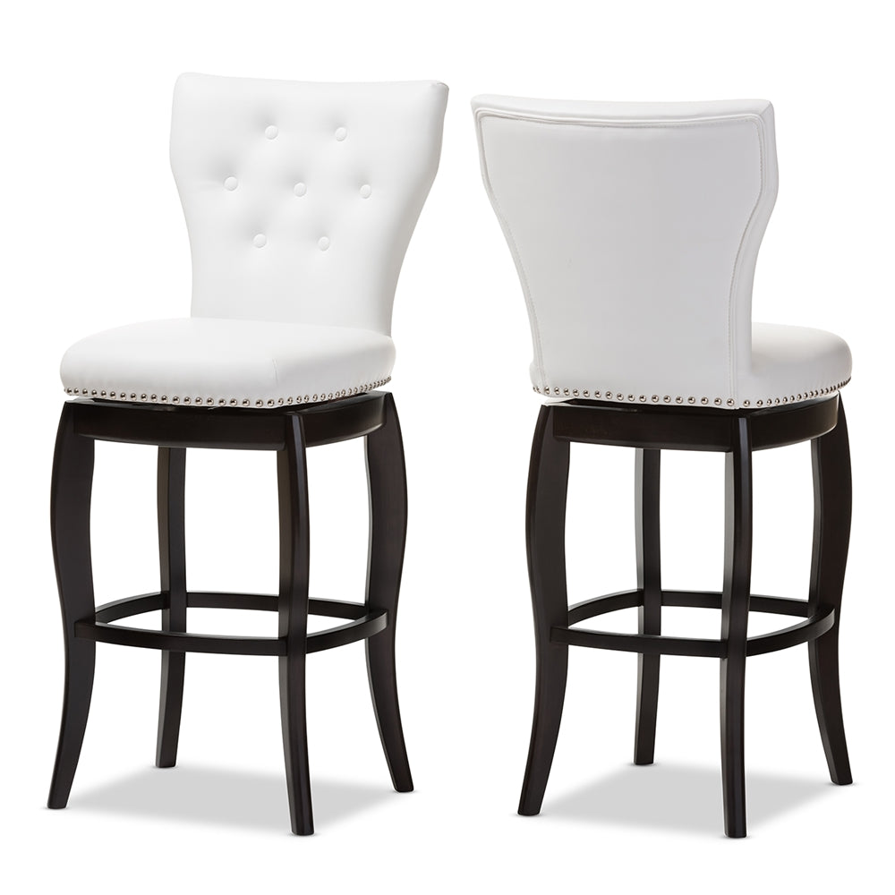 Baxton Studio Leonice Modern And Contemporary White Faux Leather Upholstered Button-Tufted 29-Inch 2-Piece Swivel Bar Stool Set