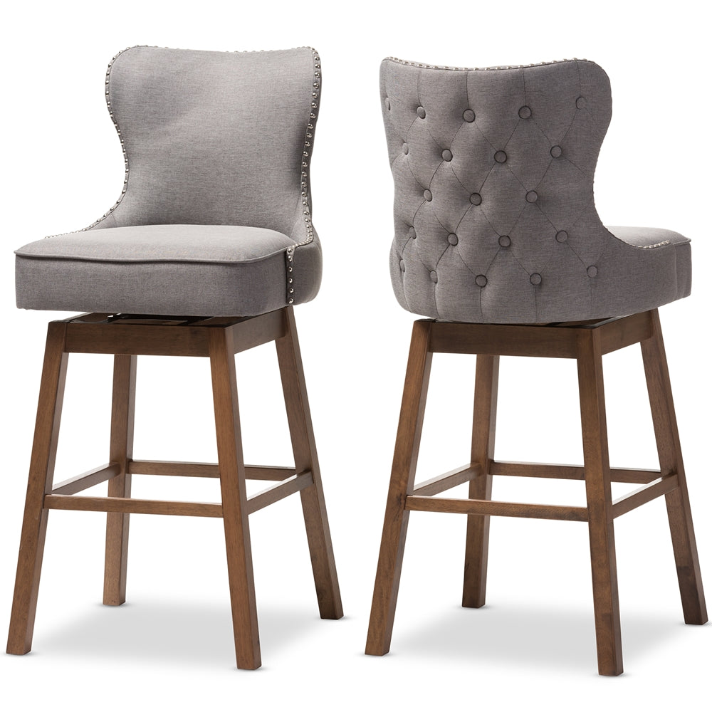 Baxton Studio Gradisca Modern and Contemporary Wood Finishing and  Fabric Button-Tufted Upholstered Swivel Barstool