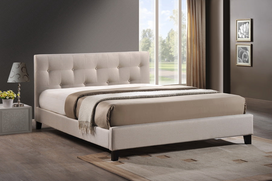 Baxton Studio Annette Light Beige Linen Modern Bed With Upholstered Headboard - Queen Size