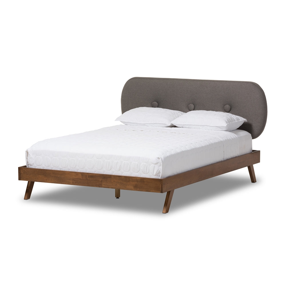 Baxton Studio Penelope Mid-Century Modern Solid Walnut Wood Fabric Upholstered Platform Bed - King Size, Queen Size, Full Size