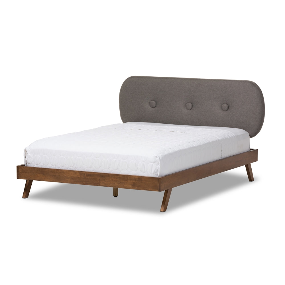 Baxton Studio Penelope Mid-Century Modern Solid Walnut Wood Fabric Upholstered Platform Bed - King Size, Queen Size, Full Size