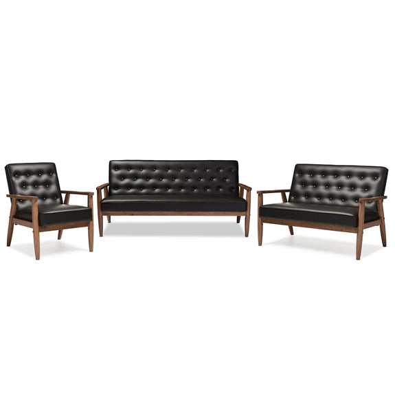 Baxton Studio Sorrento Mid-century Retro Modern Faux Leather Upholstered Wooden 3 Piece Living room Set