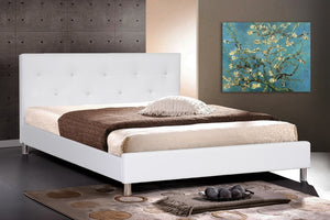 Barbara White Modern Bed With Crystal Button Tufting - Queen Size