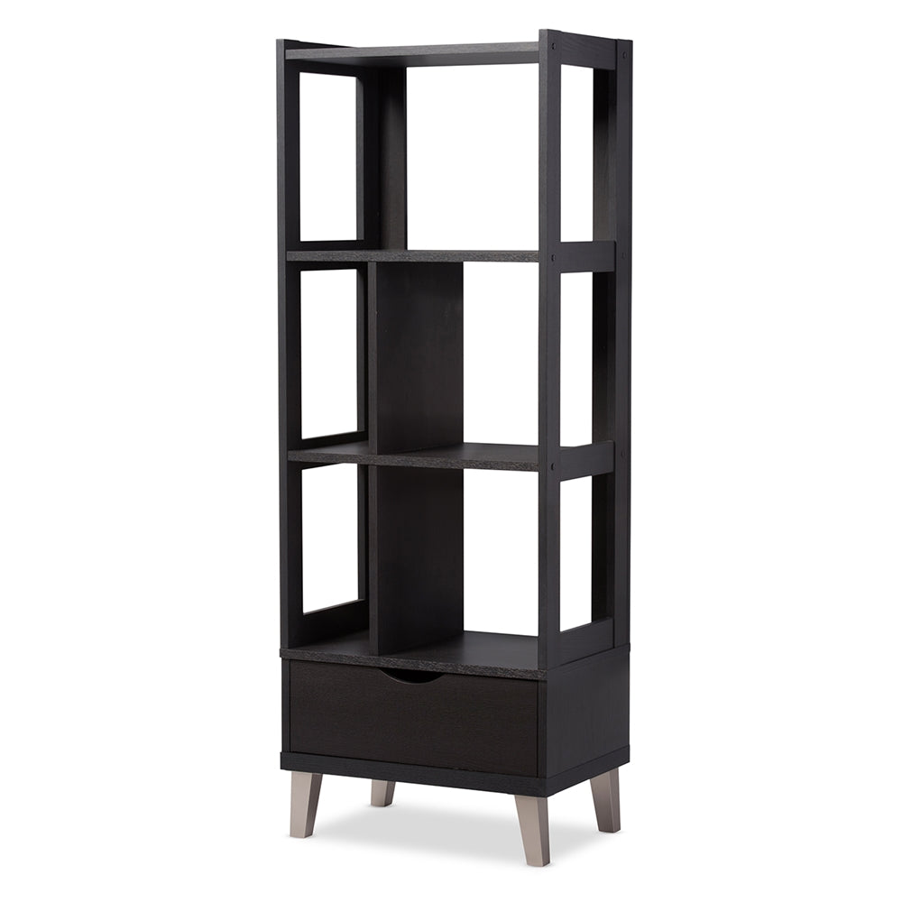 Baxton Studio Kalien Modern and Contemporary Wood Leaning Bookcase with Display Shelves and One Drawer