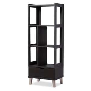 Baxton Studio Kalien Modern and Contemporary Wood Leaning Bookcase with Display Shelves and One Drawer