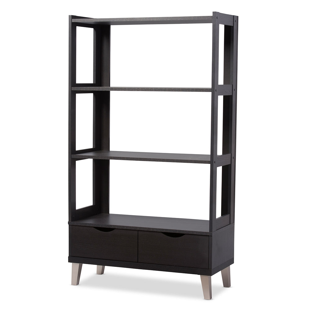 Baxton Studio Kalien Modern and Contemporary Wood Leaning Bookcase with Display Shelves and Two Drawers