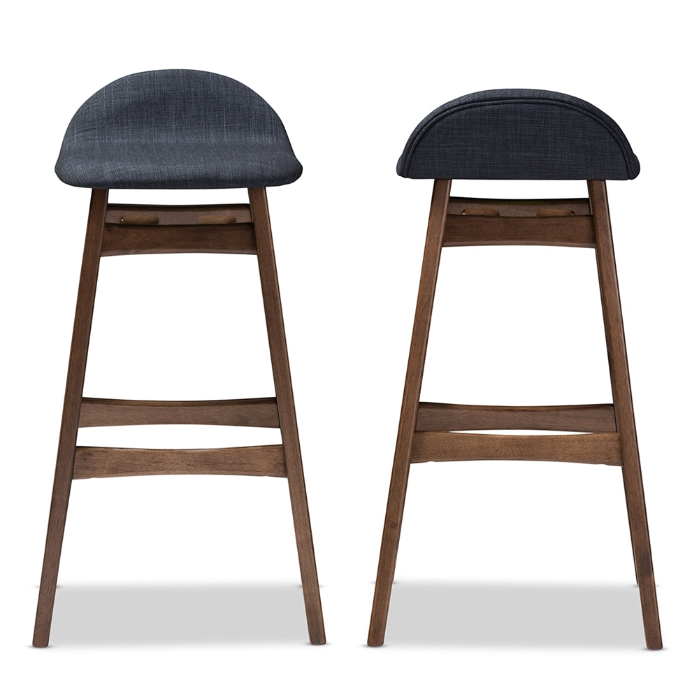 BAXTON STUDIO BLOOM MID-CENTURY RETRO MODERN SCANDINAVIAN STYLE DARK BLUE FABRIC UPHOLSTERED WALNUT WOOD FINISHING 30-INCHES BAR STOOL