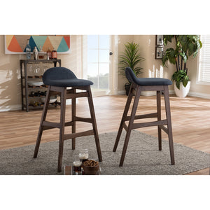 Baxton Studio Bloom Mid-Century Retro Modern Scandinavian Style Dark Blue Fabric Upholstered Walnut Wood Finishing 30-Inches Bar Stool