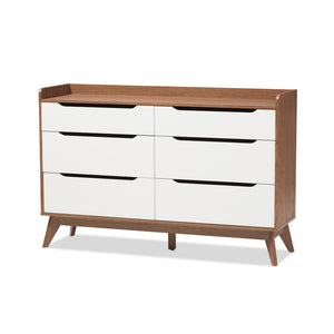 Baxton Studio Brighton Mid-Century Modern White And Walnut Wood 6-Drawer Storage Dresser