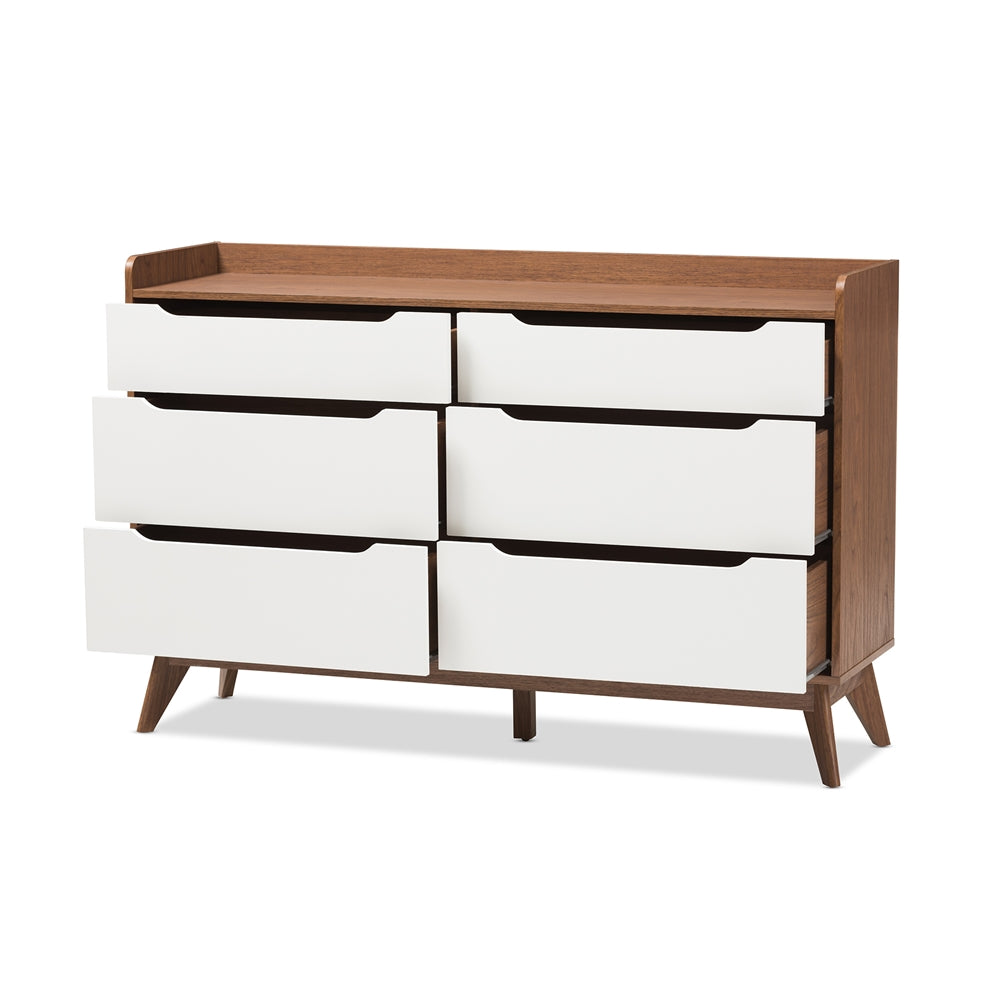 Baxton Studio Brighton Mid-Century Modern White And Walnut Wood 6-Drawer Storage Dresser