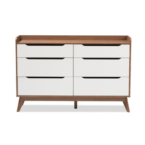 Baxton Studio Brighton Mid-Century Modern White And Walnut Wood 6-Drawer Storage Dresser