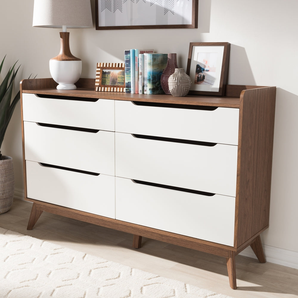 Baxton Studio Brighton Mid-Century Modern White And Walnut Wood 6-Drawer Storage Dresser