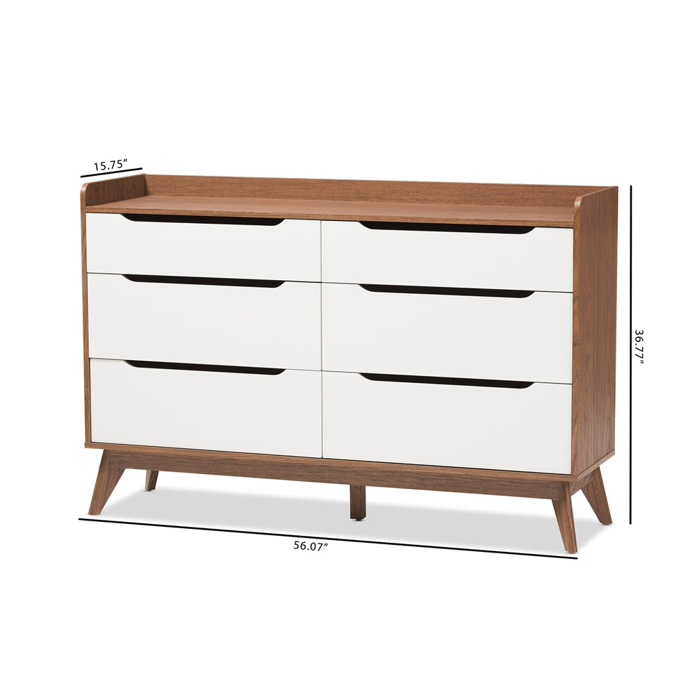 Baxton Studio Brighton Mid-Century Modern White And Walnut Wood 6-Drawer Storage Dresser