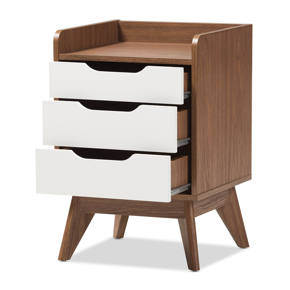 Baxton Studio Brighton Mid-Century Modern White And Walnut Wood 3-Drawer Storage Nightstand