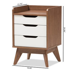 Baxton Studio Brighton Mid-Century Modern White And Walnut Wood 3-Drawer Storage Nightstand