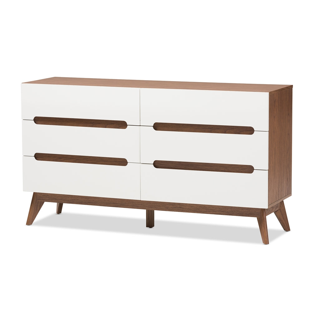 Baxton Studio Calypso Mid-Century Modern White And Walnut Wood 6-Drawer Storage Dresser