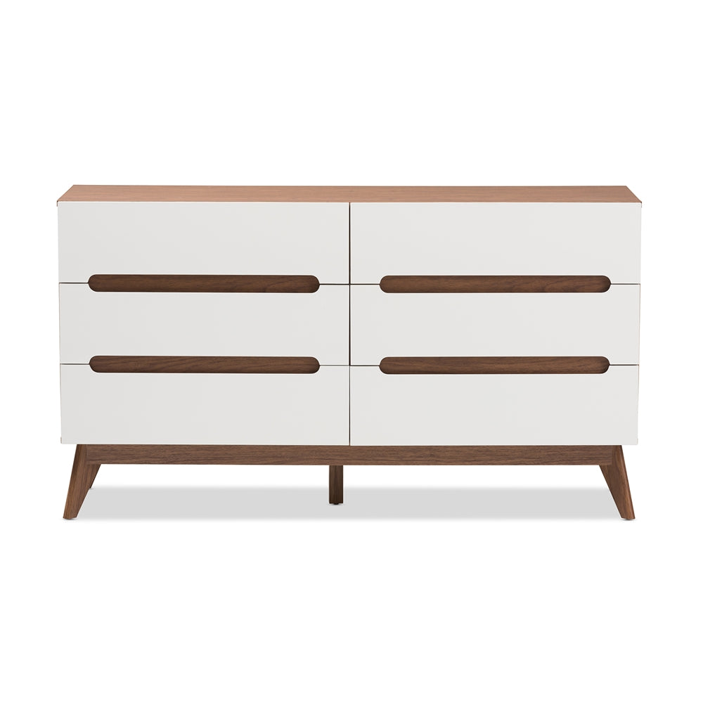 Baxton Studio Calypso Mid-Century Modern White And Walnut Wood 6-Drawer Storage Dresser