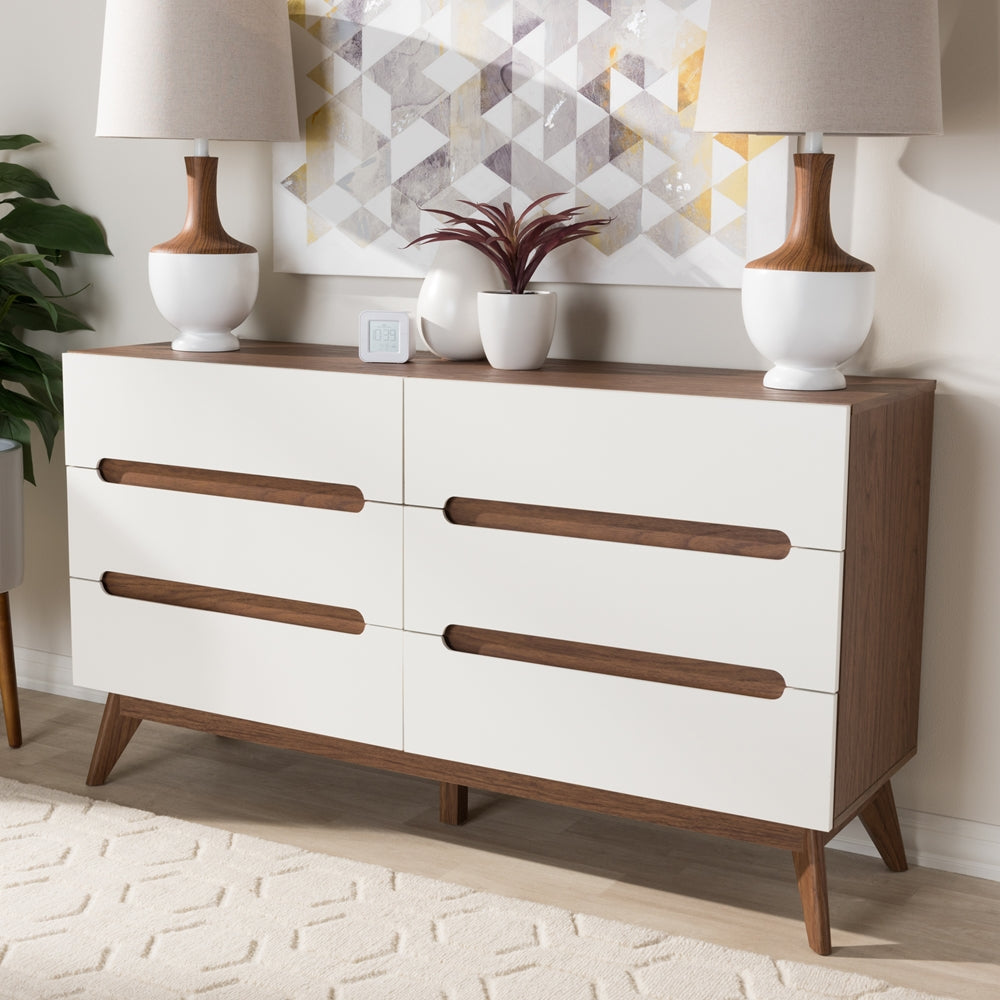 Baxton Studio Calypso Mid-Century Modern White And Walnut Wood 6-Drawer Storage Dresser