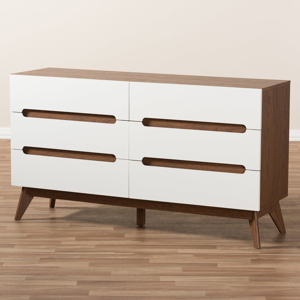 Baxton Studio Calypso Mid-Century Modern White And Walnut Wood 6-Drawer Storage Dresser