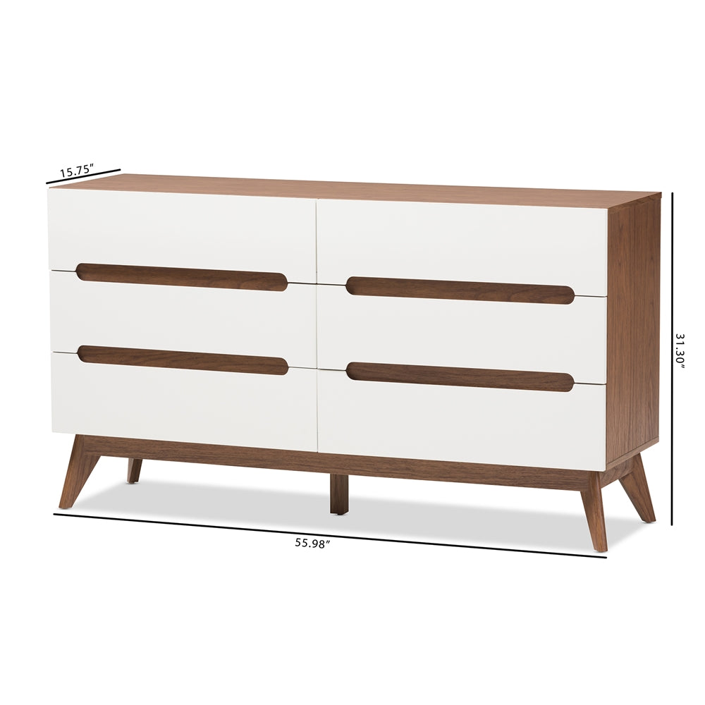 Baxton Studio Calypso Mid-Century Modern White And Walnut Wood 6-Drawer Storage Dresser