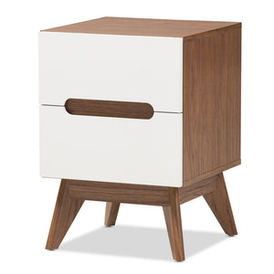 Baxton Studio Calypso Mid-Century Modern White And Walnut Wood 2-Drawer Storage Nightstand