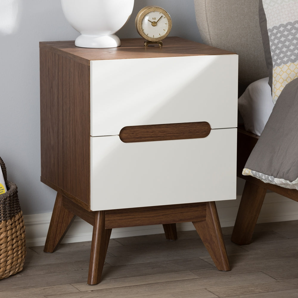 Baxton Studio Calypso Mid-Century Modern White And Walnut Wood 2-Drawer Storage Nightstand