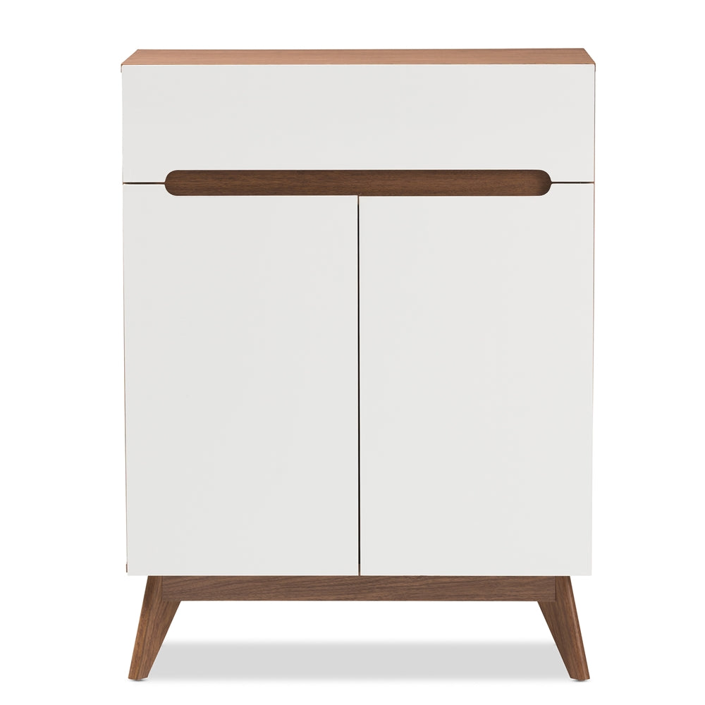 Baxton Studio Calypso Mid-Century Modern White And Walnut Wood Storage Shoe Cabinet