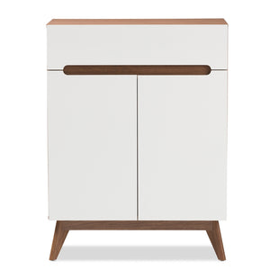 Baxton Studio Calypso Mid-Century Modern White And Walnut Wood Storage Shoe Cabinet