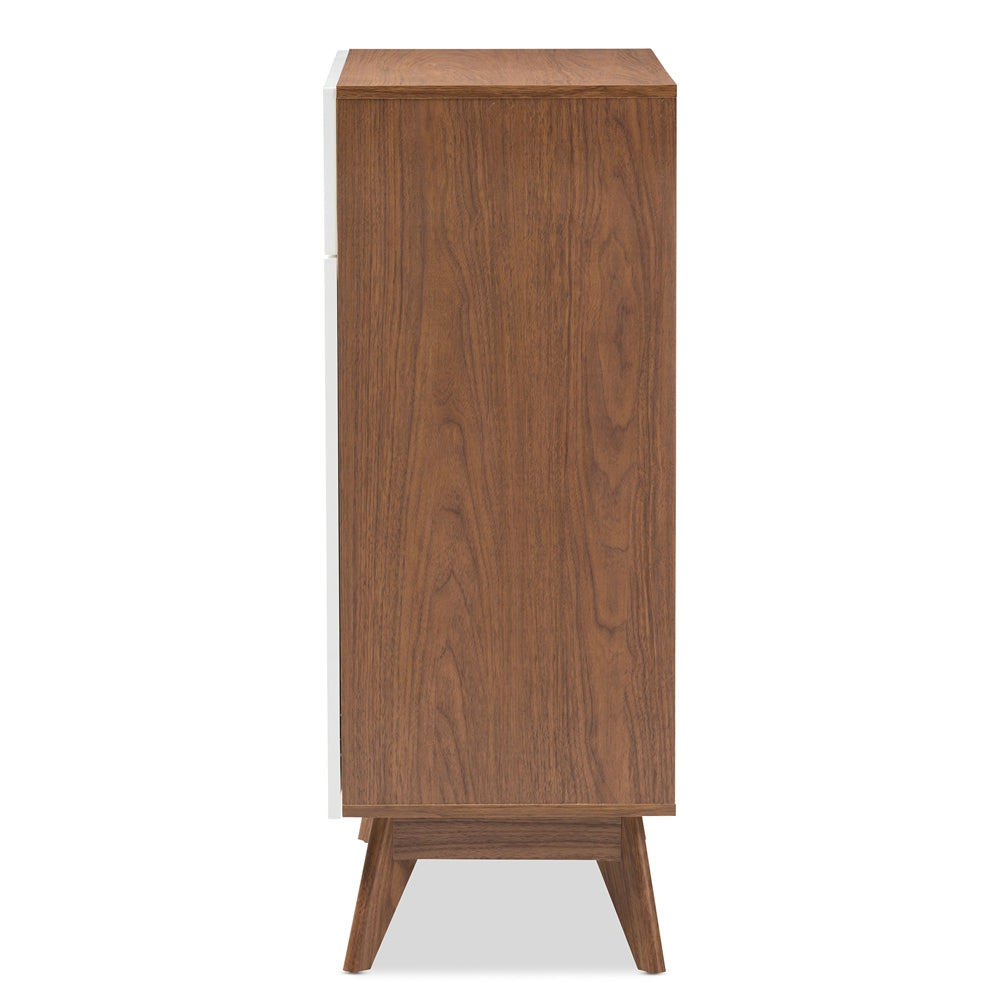 Baxton Studio Calypso Mid-Century Modern White And Walnut Wood Storage Shoe Cabinet