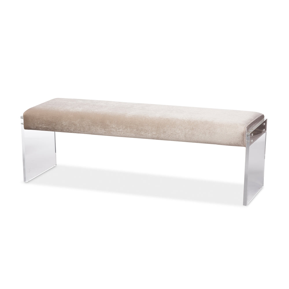 Baxton Studio Hildon Modern and Contemporary Microsuede Fabric Upholstered Lux Bench with Paneled Acrylic Legs