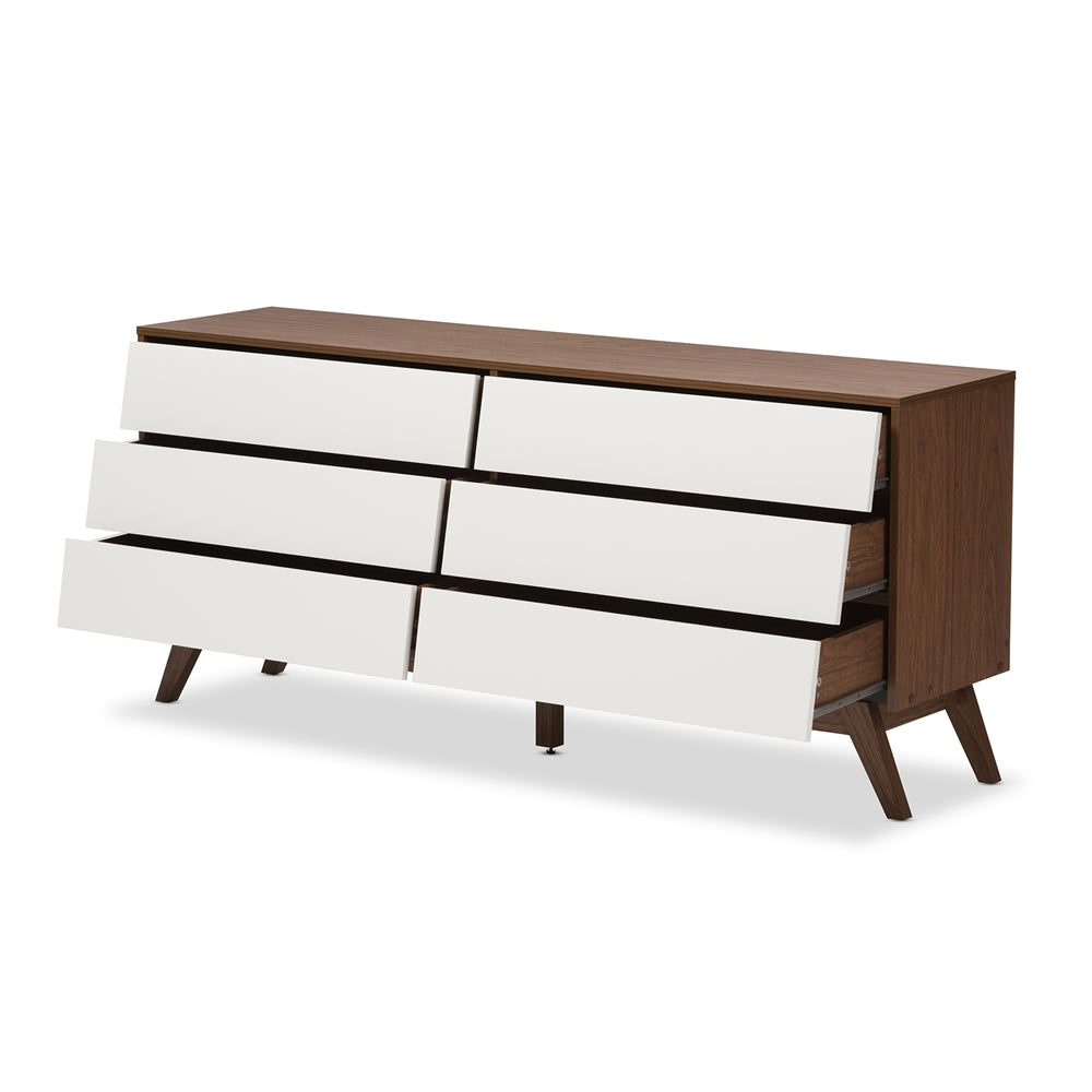 Baxton Studio Hildon Mid-Century Modern White And Walnut Wood 6-Drawer Storage Dresser