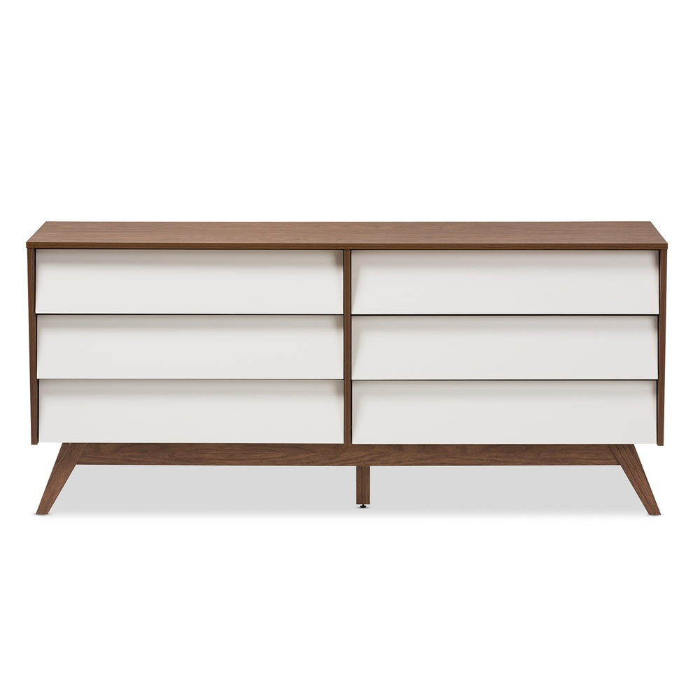 Baxton Studio Hildon Mid-Century Modern White And Walnut Wood 6-Drawer Storage Dresser