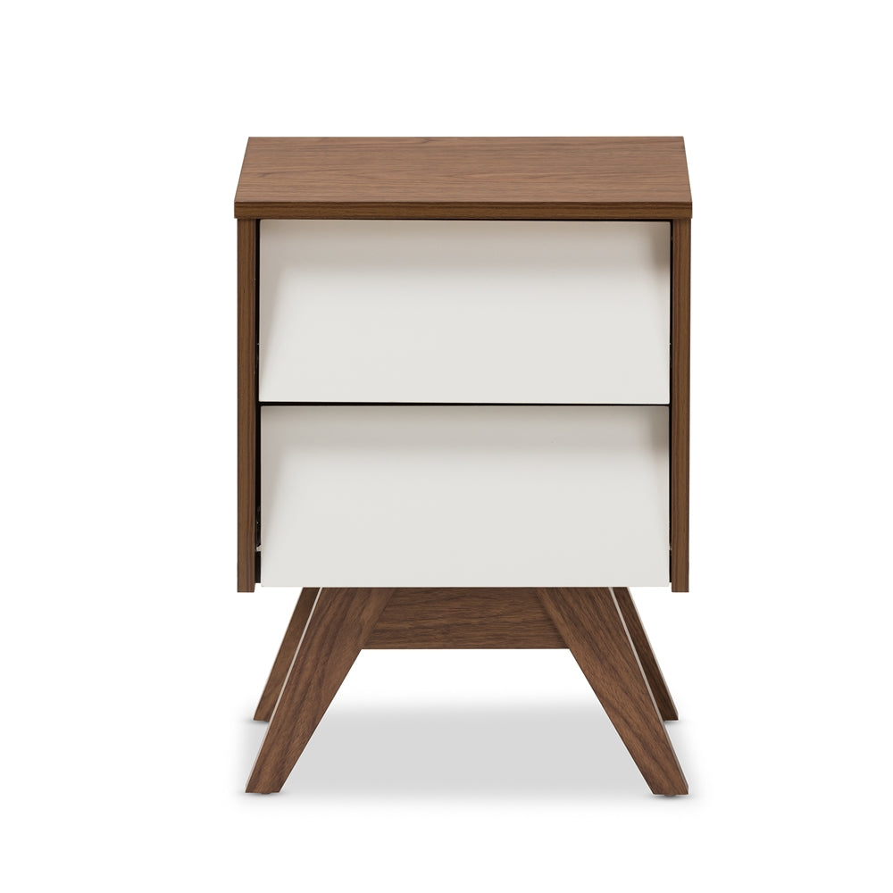 Baxton Studio Hildon Mid-Century Modern White And Walnut Wood 2-Drawer Storage Nightstand