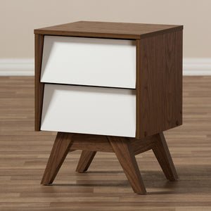 Baxton Studio Hildon Mid-Century Modern White And Walnut Wood 2-Drawer Storage Nightstand