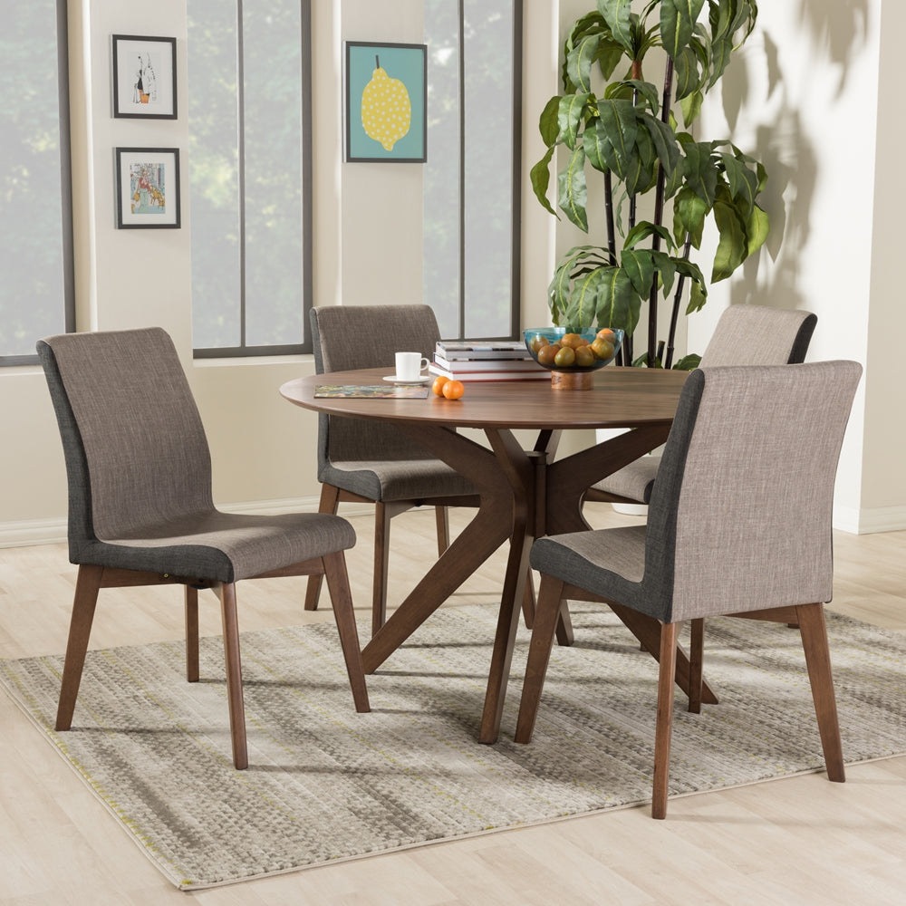 Baxton Studio Kimberly Mid-Century Modern Walnut Wood Round 5-Piece Dining Set