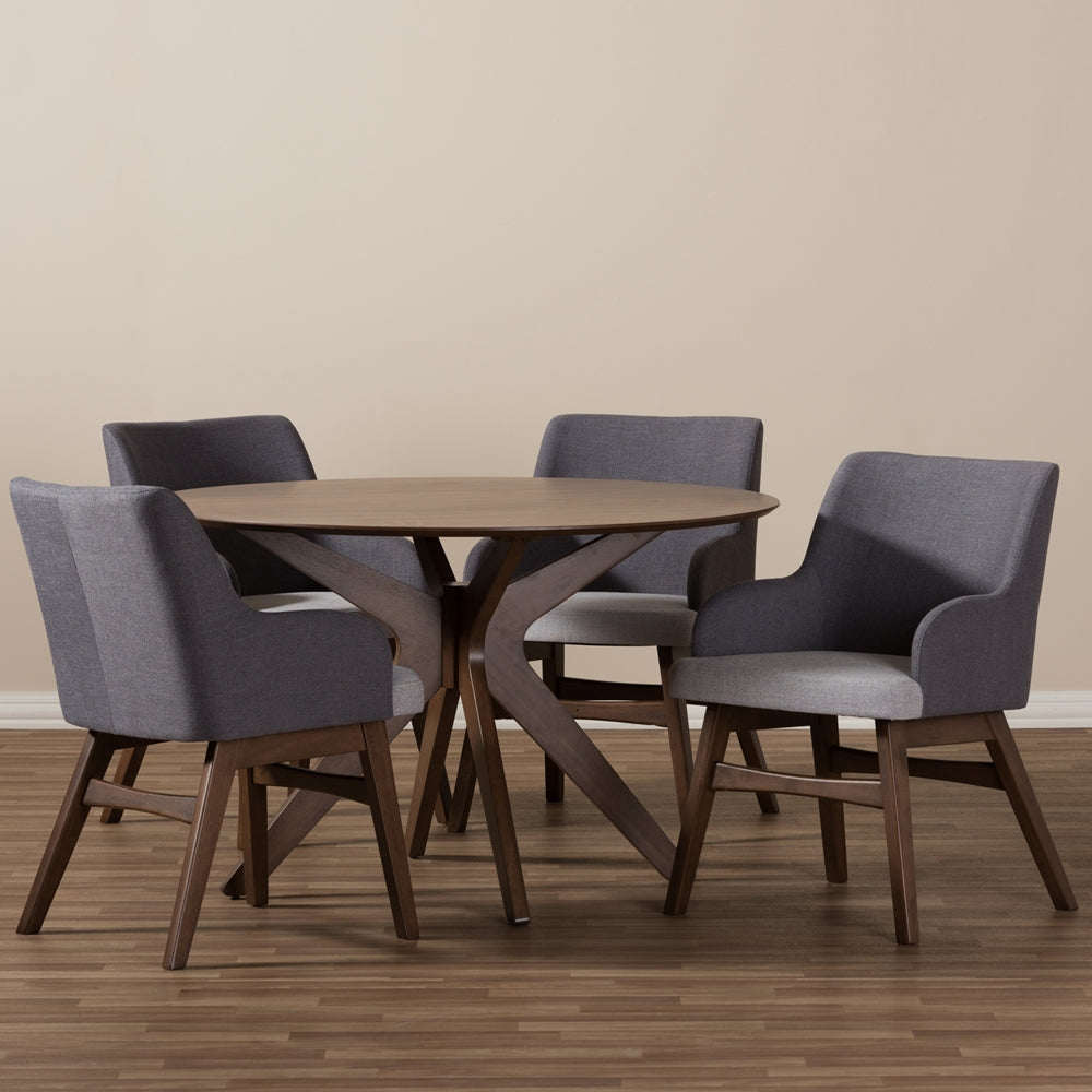 Baxton Studio Monte Mid-Century Modern Walnut Wood Round 5-Piece Dining Set