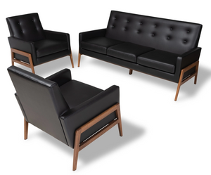 Baxton Studio Perris Mid-Century Modern Faux Leather Upholstered Walnut Finished Wood 3-Piece Living Room Set