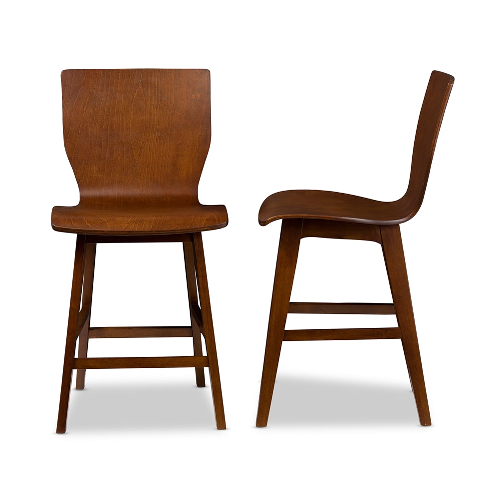 BAXTON STUDIO ELSA MID-CENTURY MODERN SCANDINAVIAN STYLE DARK WALNUT BENT WOOD COUNTER STOOL (SET OF 2)