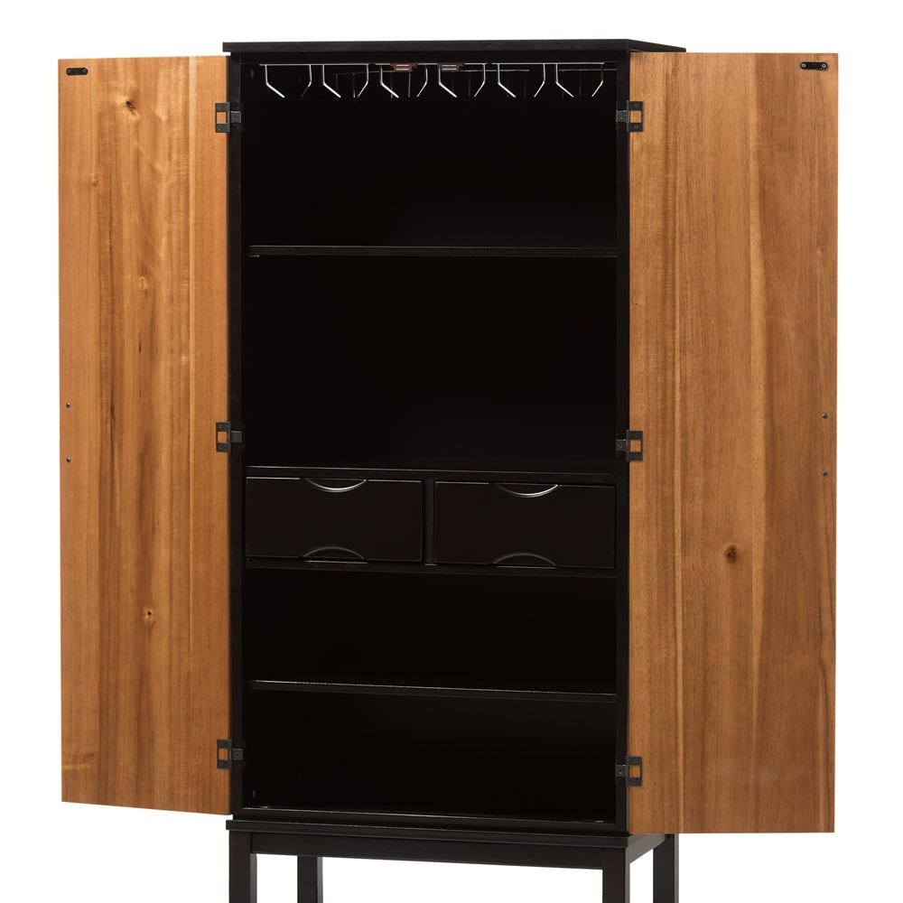 Baxton Studio Marya Mid-Century Modern Dark Brown And Walnut Two-Tone Solid Rubberwood Mdf Veneered Wine Cabinet