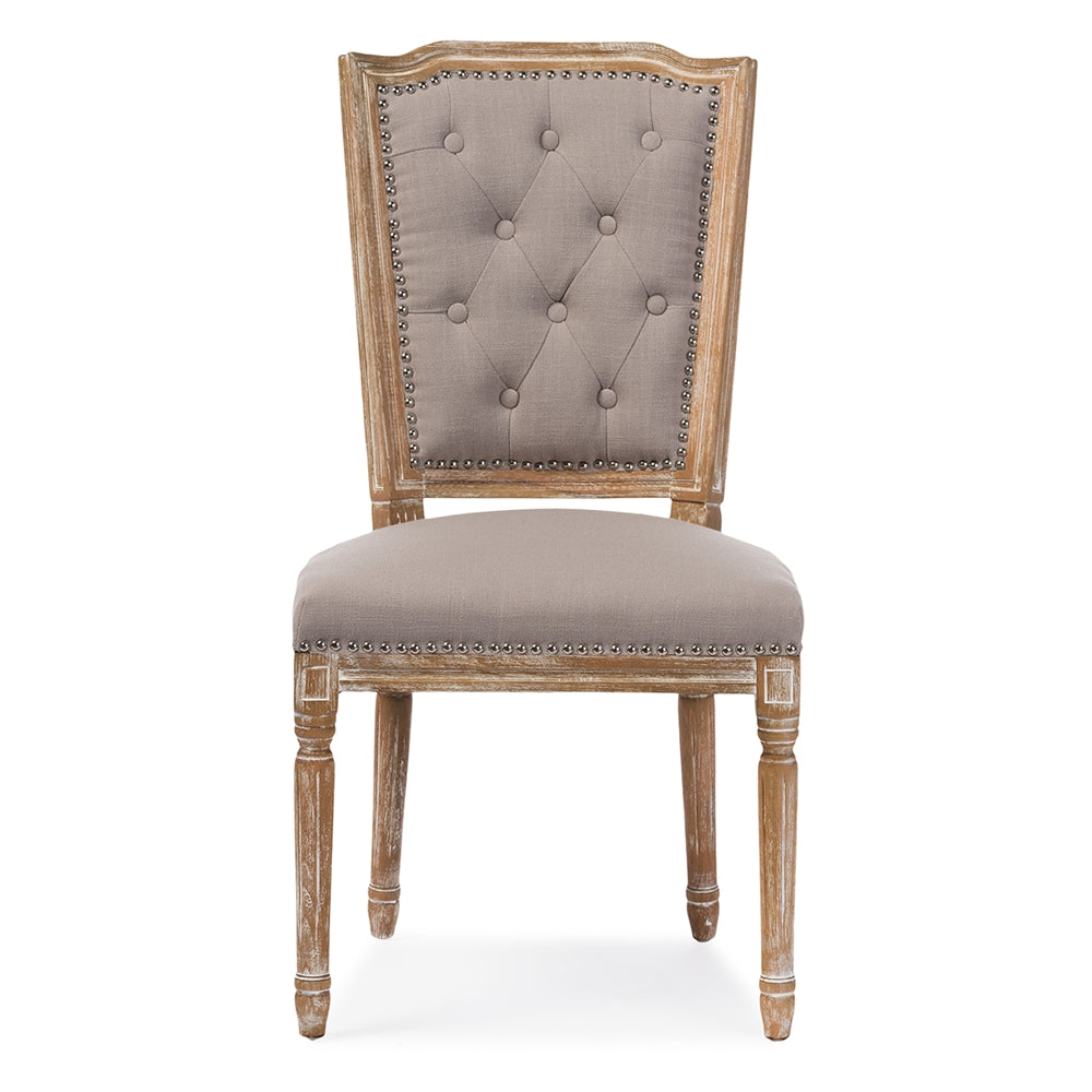 Baxton Studio Estelle Chic Rustic French Country Cottage Weathered Oak Beige Fabric Button-Tufted Upholstered Dining Chair