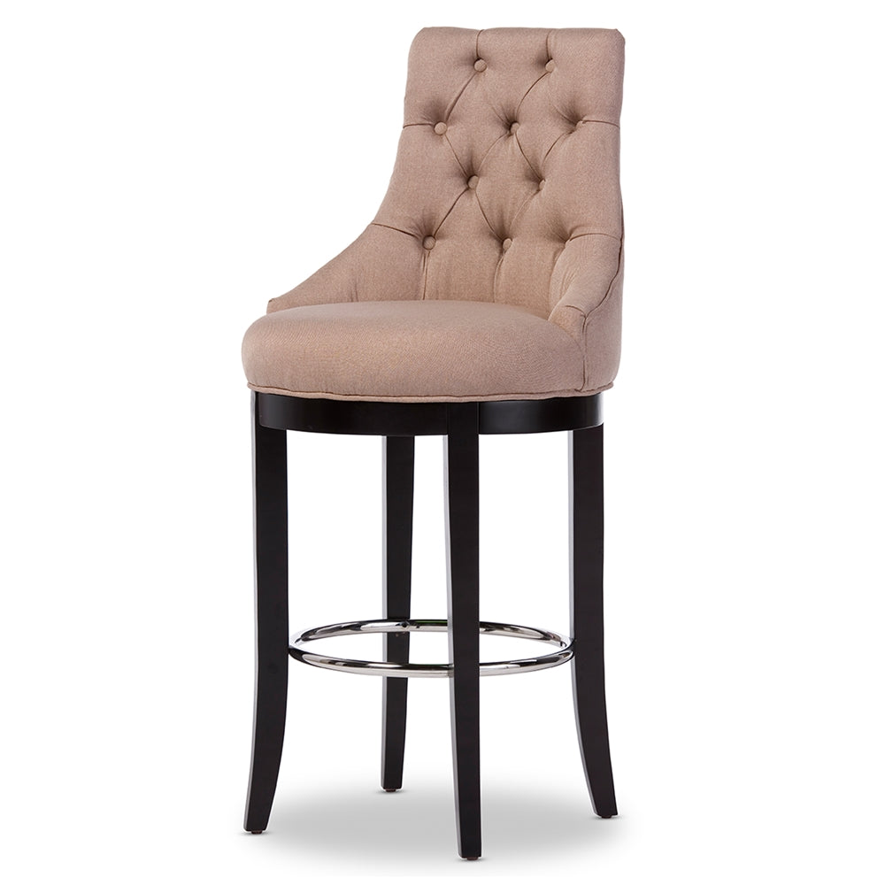 Baxton Studio Harmony Modern And Contemporary Button-Tufted Beige Fabric Upholstered Bar Stool With Metal Footrest