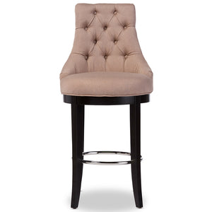 BAXTON STUDIO HARMONY MODERN AND CONTEMPORARY BUTTON-TUFTED BEIGE FABRIC UPHOLSTERED BAR STOOL WITH METAL FOOTREST