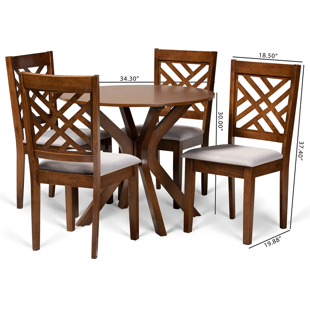 Baxton Studio Norah Modern And Contemporary Grey Fabric Upholstered And Walnut Brown Finished Wood 5-Piece Dining Set