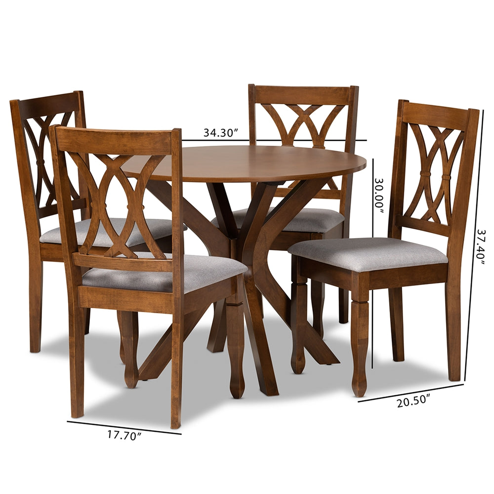 Baxton Studio Maya Modern And Contemporary Grey Fabric Upholstered And Walnut Brown Finished Wood 5-Piece Dining Set